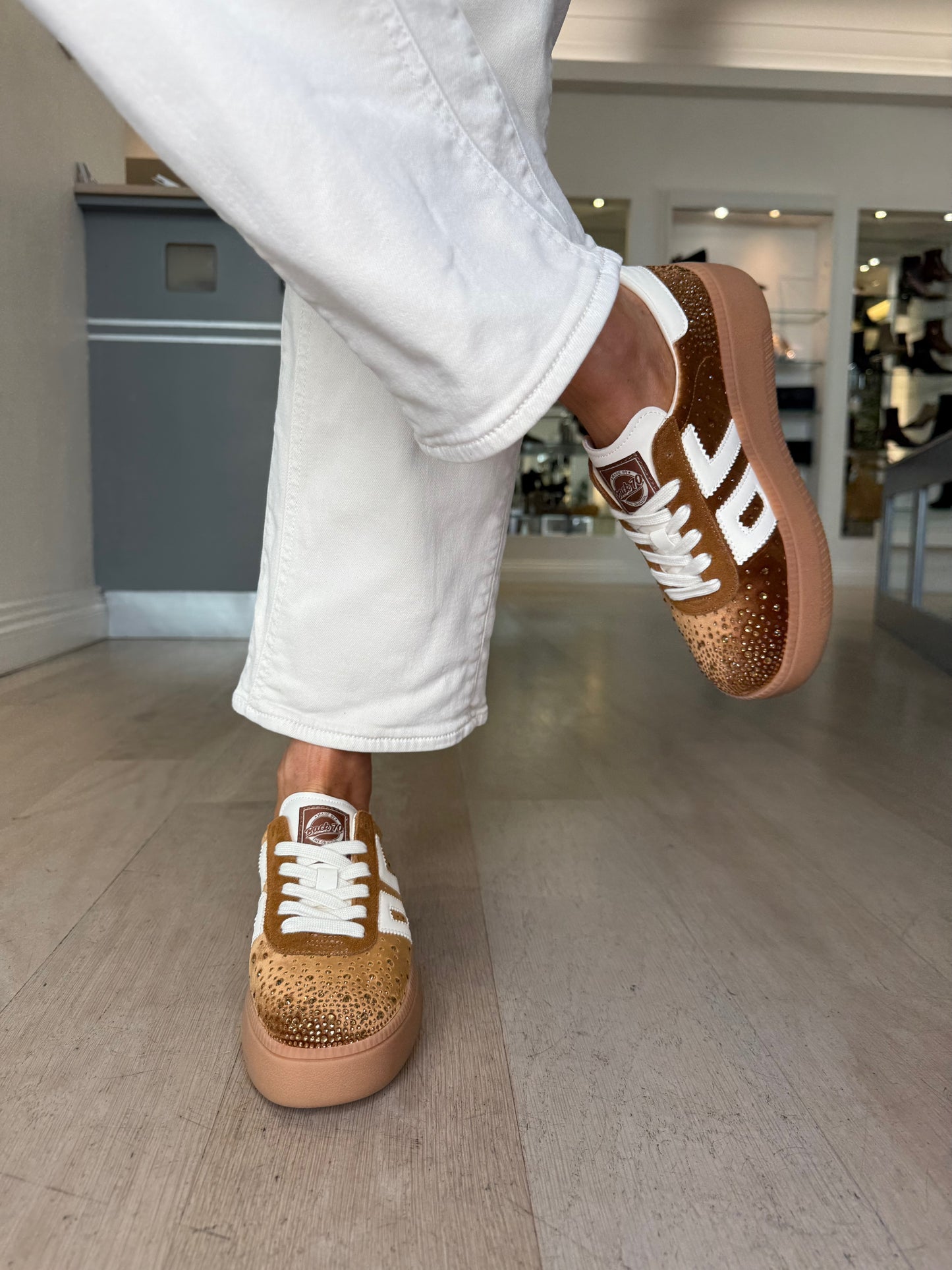 Back 70 -Tan Velvet Jeweled Flatform Trainer