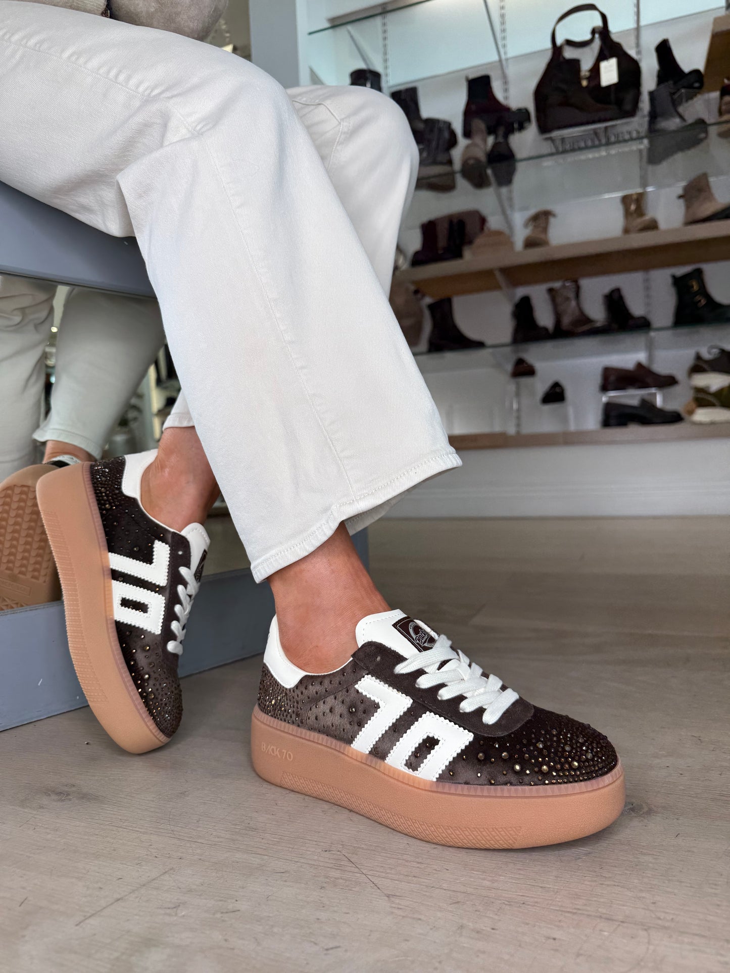 Back 70 -Brown Velvet Jeweled Flatform Trainer