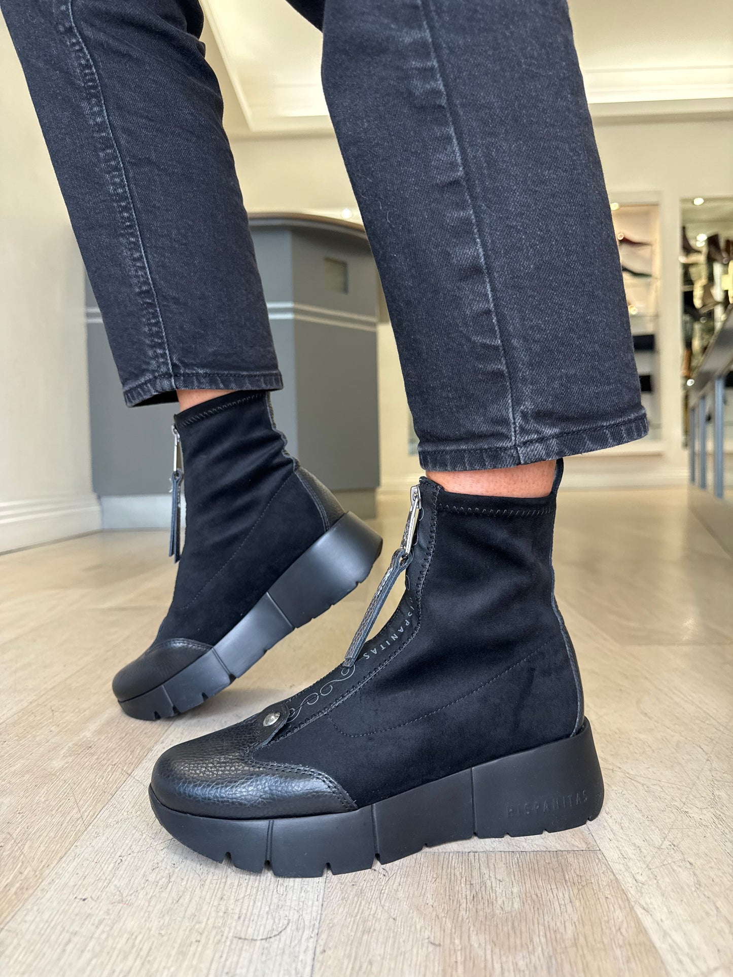 Hispanitas - Black Suede & Leather Zip Up Sporty Wedge Boot