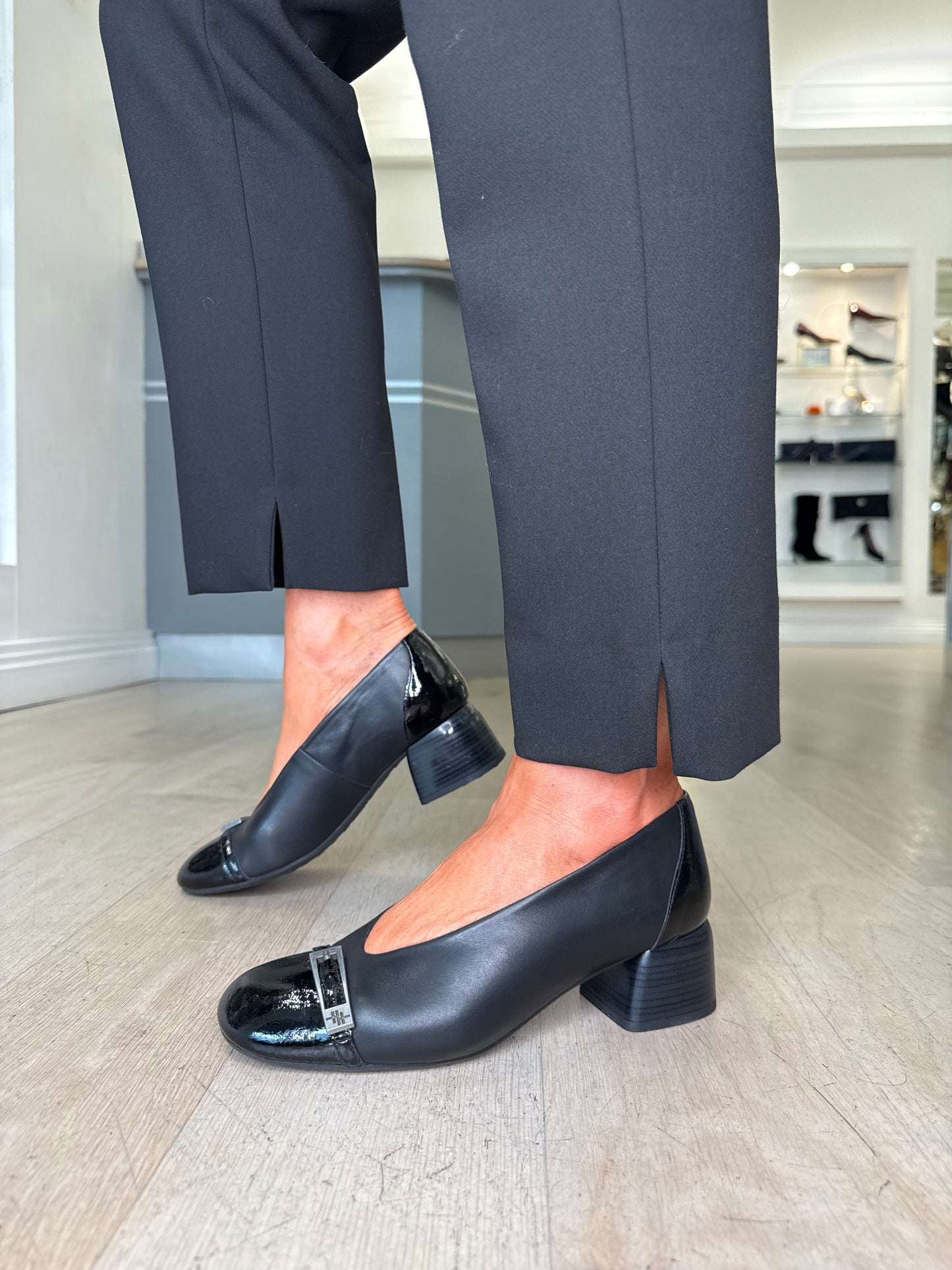 Hispanitas - Black Leather & Patent Leather Slip On Shoe With Block Heel