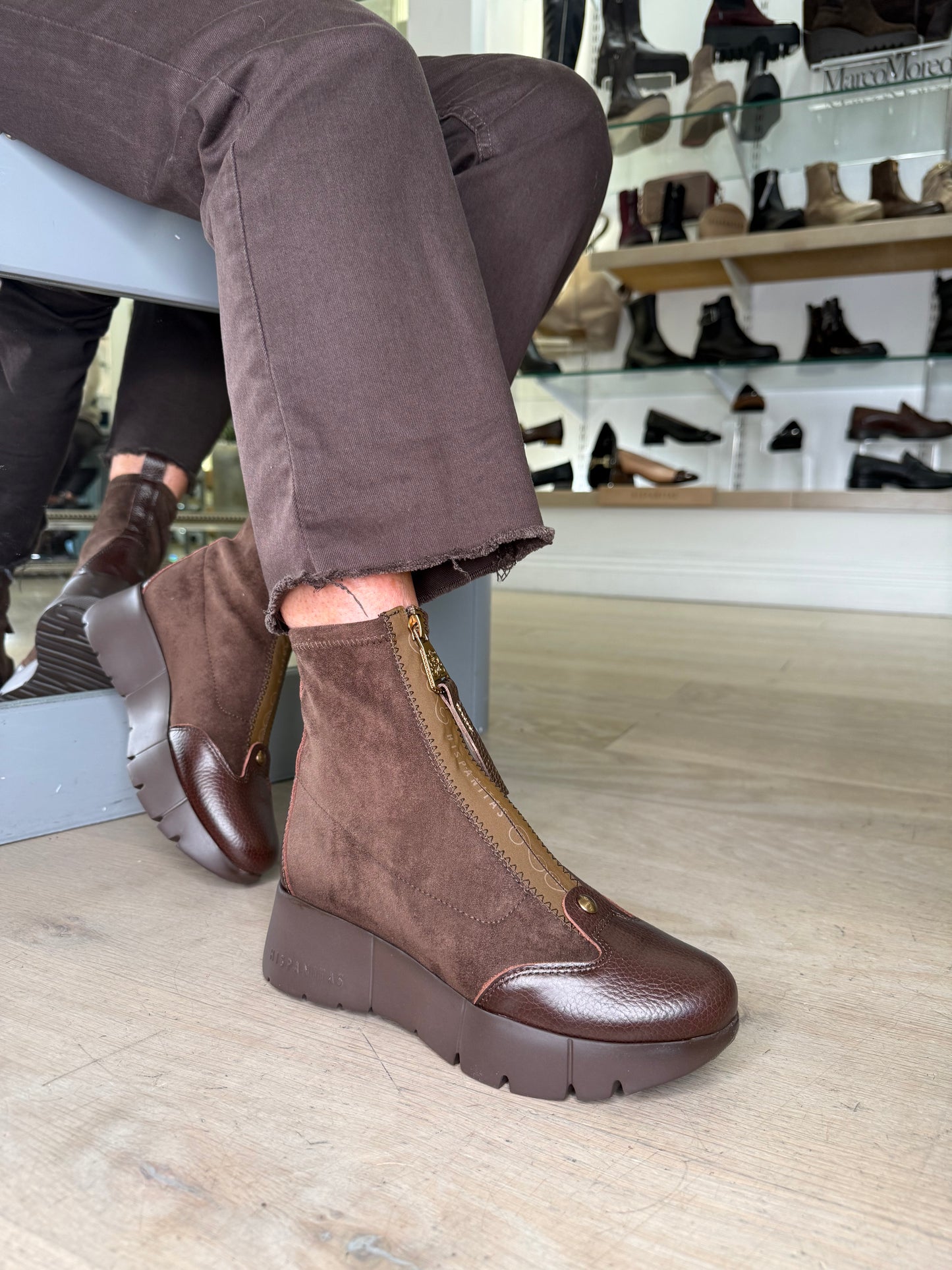 Hispanitas - Brown Suede & Leather Zip Up Sporty Wedge Boot