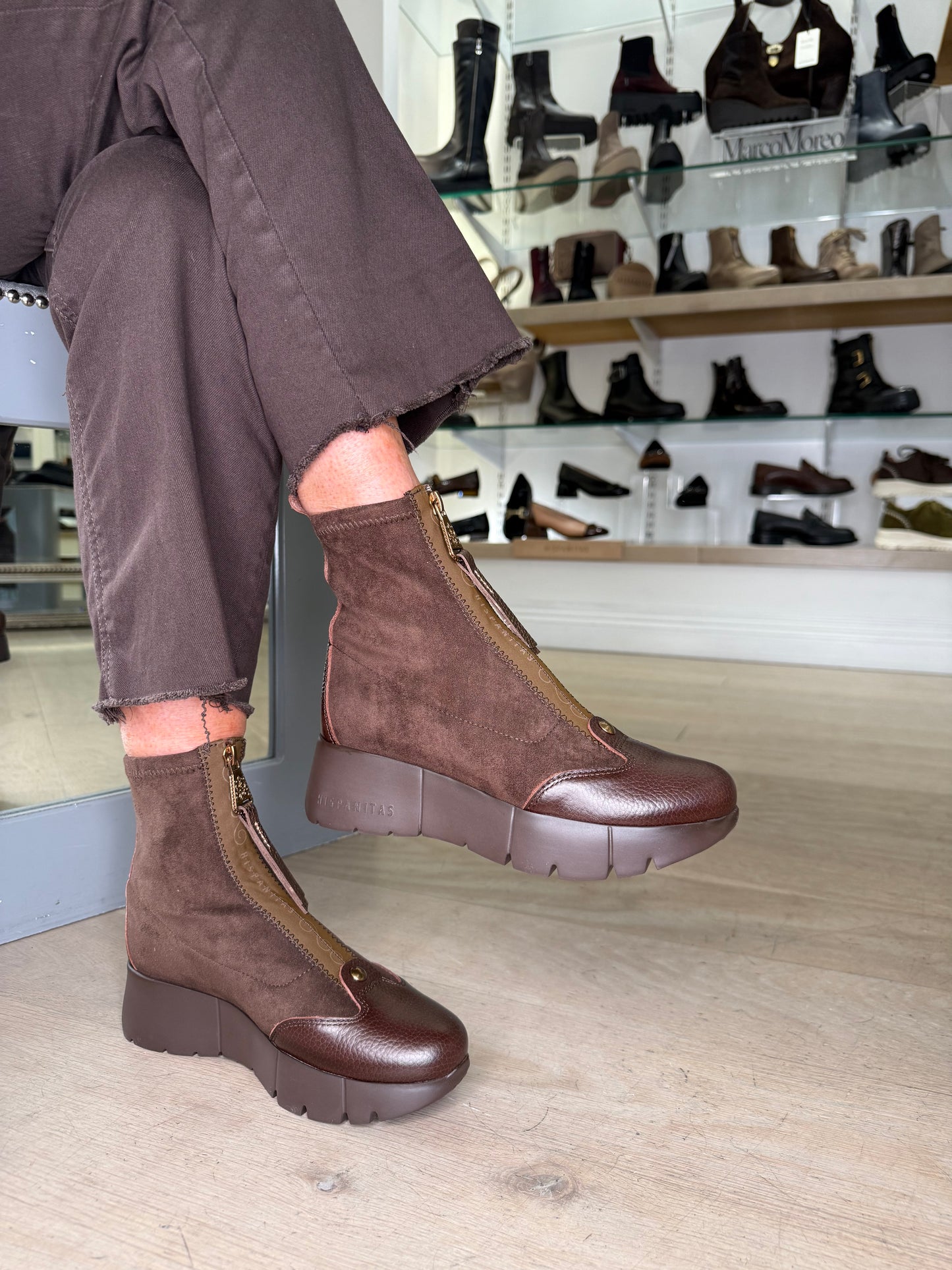 Hispanitas - Brown Suede & Leather Zip Up Sporty Wedge Boot