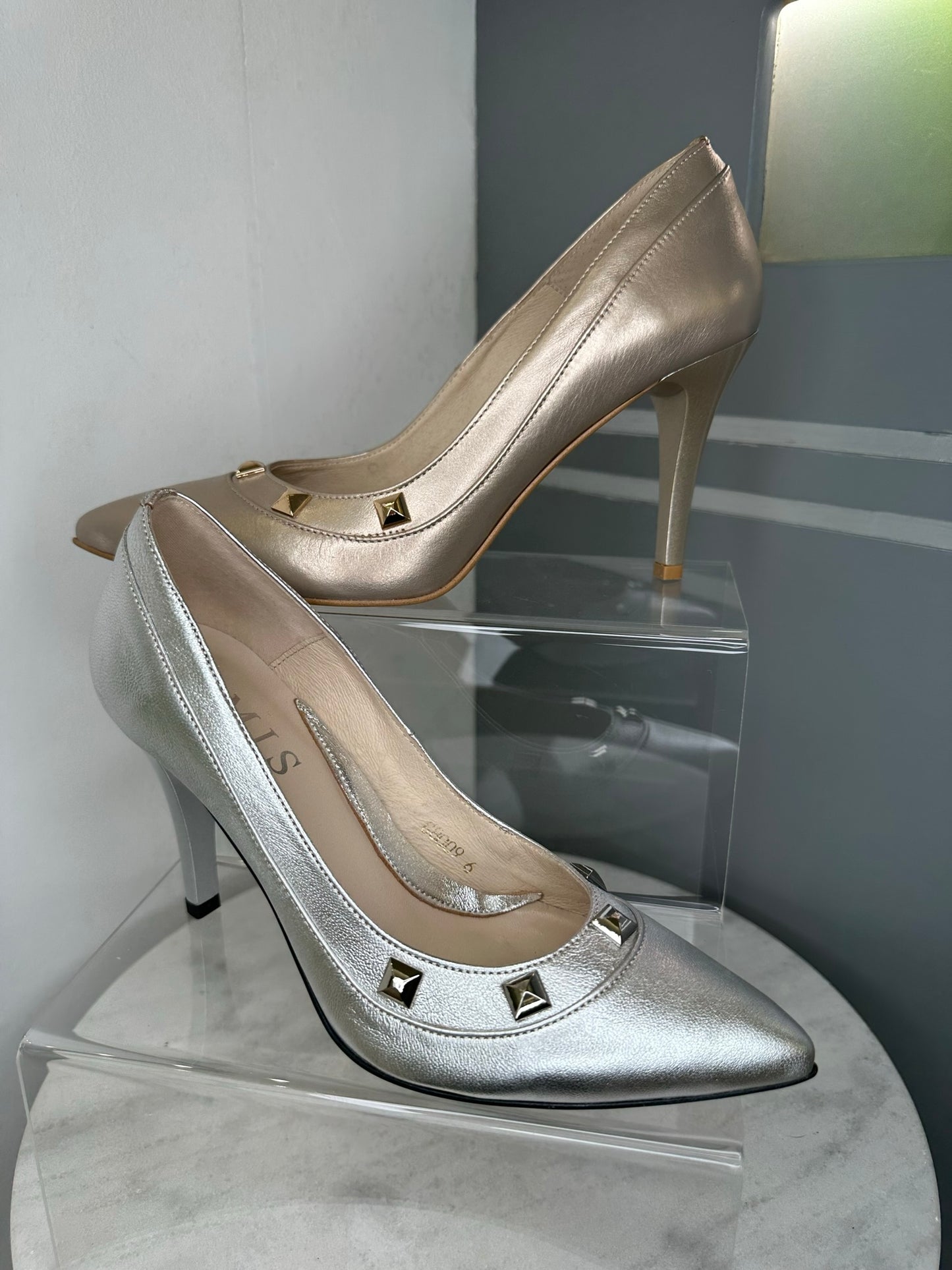 Emis - Soft Metallic Matt Sliver Court Shoe With Stud Detail