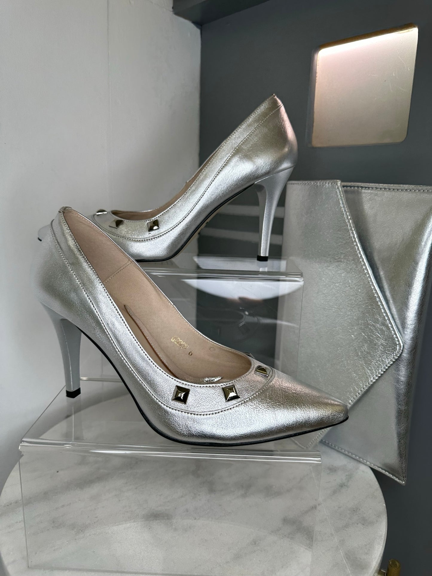 Emis - Soft Metallic Matt Sliver Court Shoe With Stud Detail